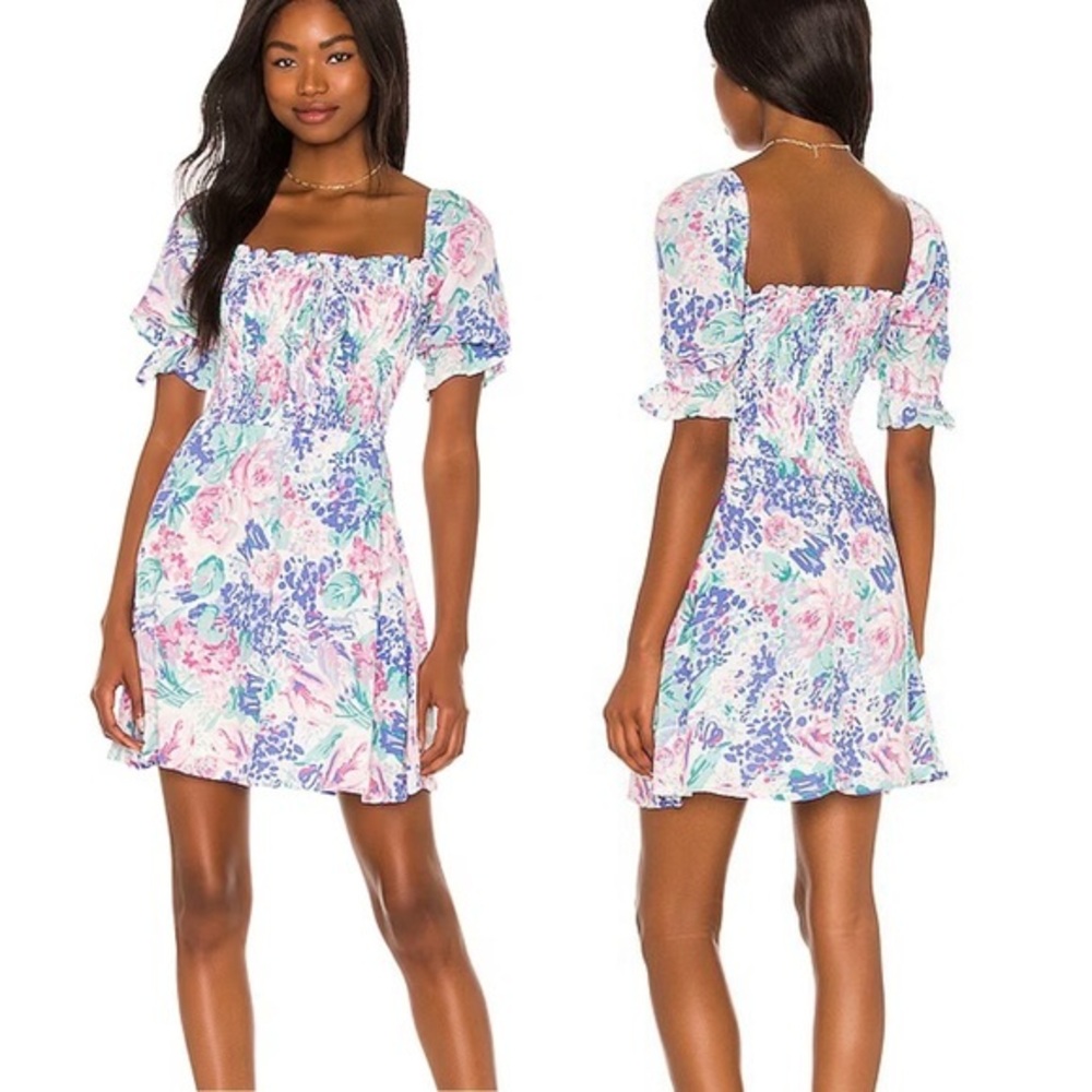 Faithful the Brand Floral Smocked Beldhi Mini Dress in Ondine Floral